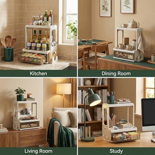 White Tabletop Spice Organizer with Hooks and Slot, Kitchen Countertop
