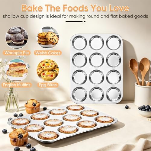 TeamFar Muffin Top Pan, 12 Cavity Stainless Steel Shallow Cupcake Pan