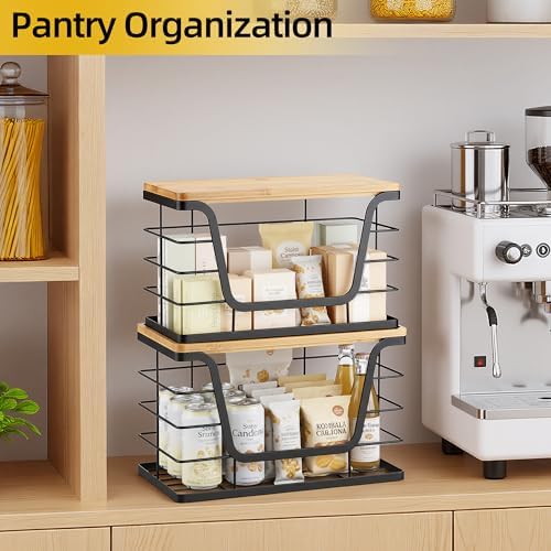 ALOCEO 2 Pack Storage Stackable Kitchen Laundry Organizers with Bamboo