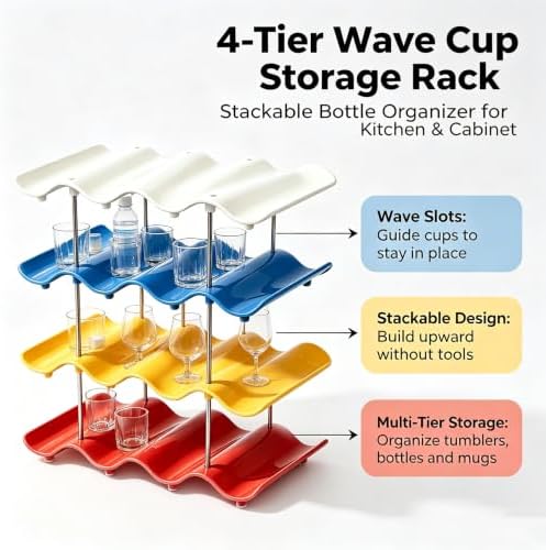 4-Tier Wave Cup Storage Rack, Stackable Wave Shape Bottle Organizer