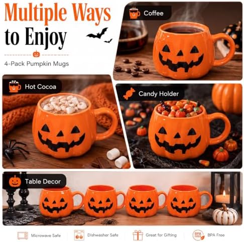 Potchen 4 Pack 12 oz Halloween Coffee Mugs Ceramic Jack O Lantern