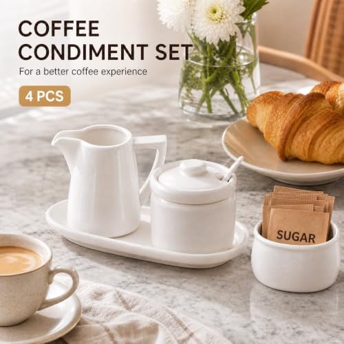 ZENFUN Set of 4 Porcelain Creamer and Sugar Set with Saucer, Sugar