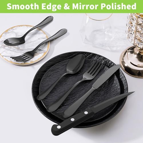 24-Piece Black Silverware Set with Steak Knives - Forks and Spoons