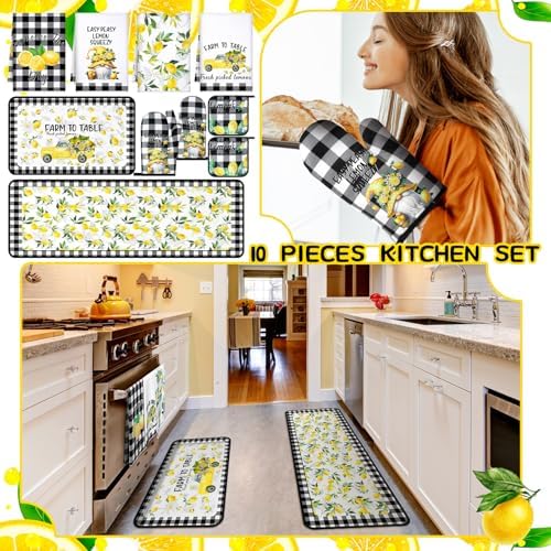 Fourluoo 10 Pcs Lemon Kitchen Decor Set Black Plaid Yellow Lemon