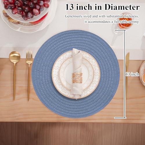 SHACOS 13" Round Braided Placemats Set of 4, Dusty Blue Washable Place