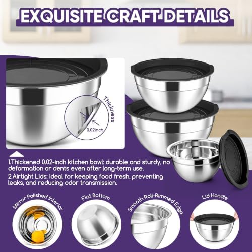 Herogo Stainless Steel Mixing Bowls with Lids Set of 3, 1.5/3/4.6Qt