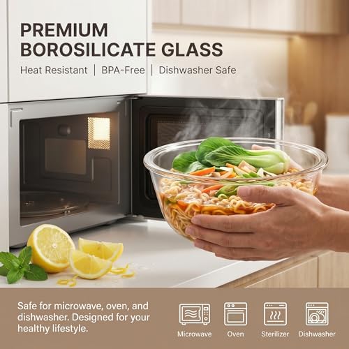 Glass Bowl Set of 3, Deep Sided Salad & Mixing Bowls,Stackable