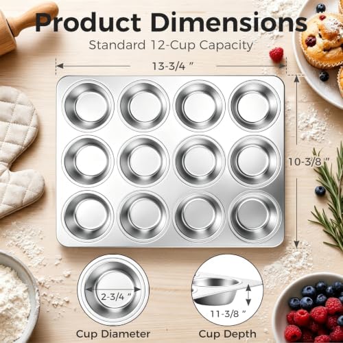 Onader 12-Cup Muffin Cupcake Pan, Stainless Steel Muffin Tin, 1 Pack