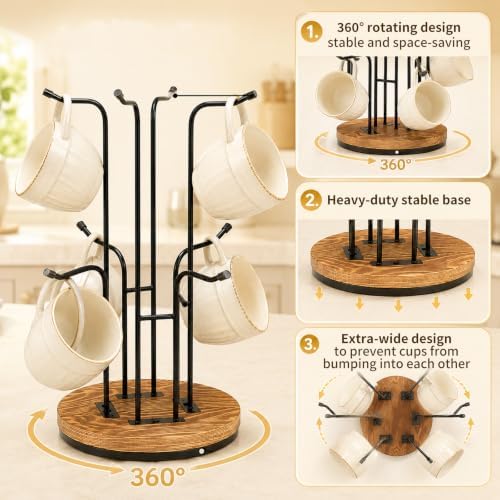 360° Rotating Large Coffee Mug Tree with 8 Hooks, Mug Tree Stand