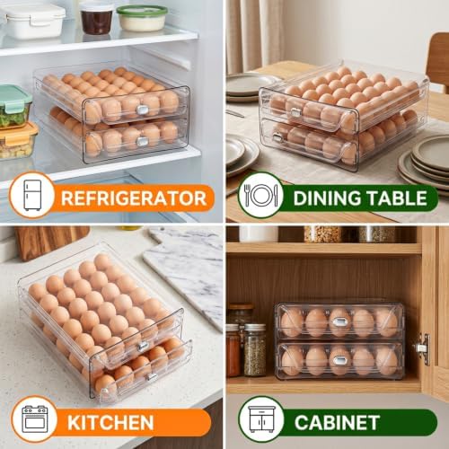 60 Egg Holder for Fridge Clear 2 Layers Egg Tray with Date Tracker