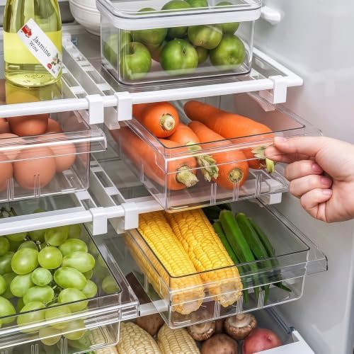 Fridge Drawer Organizer Pull-Out Under Shelf Bin, Adjustable Dividers