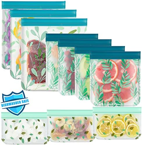 10 Pack Dishwasher Safe Reusable PEVA Food Storage Bags, Leak proof