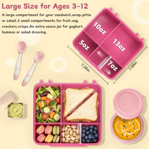 Kids Lunch Box 4 Compartment Bento with 8oz Food Jar,Pink