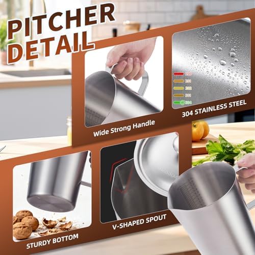2L Stainless Steel Pitcher with Lid 70oz Metal Measuring Pitcher