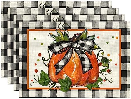 Artoid Mode Pumpkin Buffalo Plaid Fall Placemats Set of 4-12 x 18 Inch