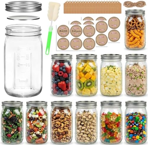 12 Pack 32 oz Wide Mouth Mason Jars with Airtight Lids