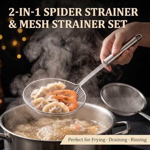 2PCS Stainless Steel Spider Strainer Set, Wire Mesh Skimmer Spoon for