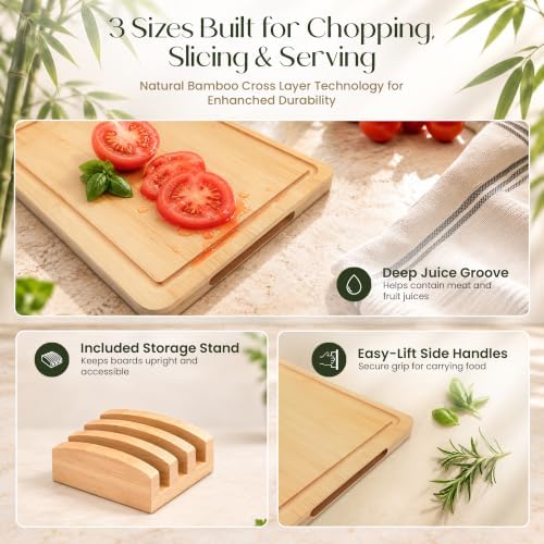 3-Piece Bamboo Cutting Boards - Large Wood Cutting Boards for Kitchen
