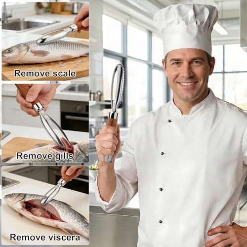 Stainless Steel Fish Scaler with Wooden Handle
