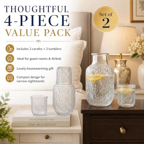 2 Set Bedside Water Carafe and Glass Set, 18oz Nightstand Pitcher with