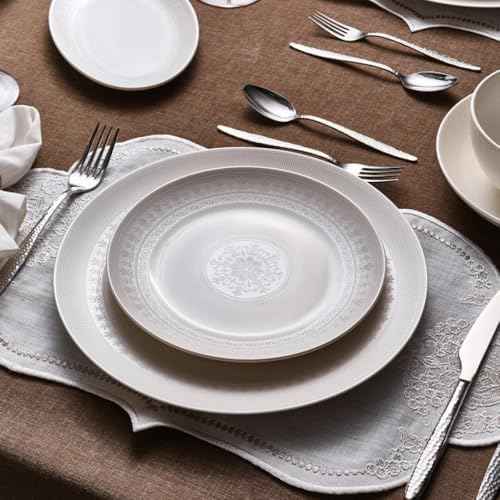 Karaca Forever Bone China Artiste 53-Piece Dinnerware Set for 12, White Porcelain Dining Set with Dinner Plates, Side Plates, Pasta Bowls, Cereal Bowls & Serving Platters