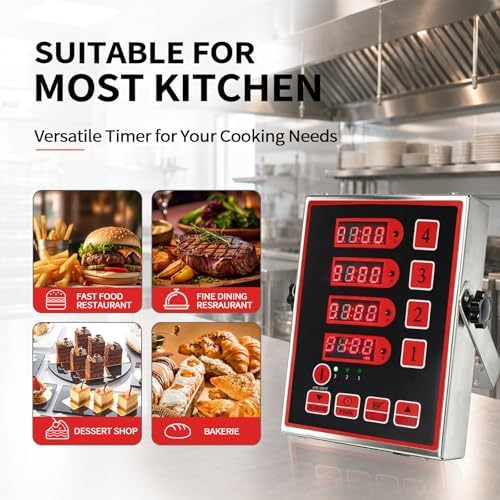 Commercial Kitchen Timer, 4-Channel, Stainless Steel
