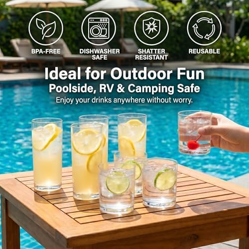 Meolibour® Plastic Drinking Glasses Set of 8, 14oz Rocks & 20oz Water