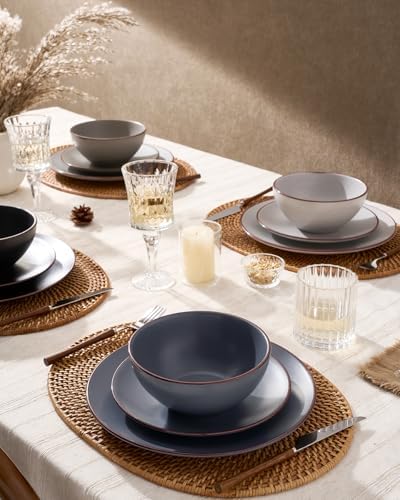 Famiware Venus Plates and Bowls Sets with Rim, Stoneware Dinnerware for 8