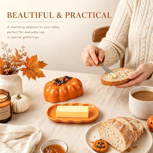 Ceramic Butter Dish with Lid for Countertop, Cute Pumpkin Butter