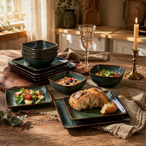 E-far 12-Piece Square Stoneware Dinnerware Sets for 4, Reactive Green