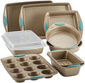 Rachael Ray 47578 Cucina Nonstick Bakeware Set with Grips Includes Nonstick Bread Pan, Baking Sheet, Cookie Sheet, Baking Pans, Cake Pan and Muffin Pan - 10 Piece, Latte Brown with Agave Blue Grips