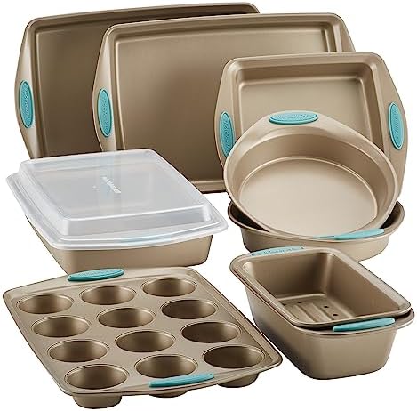 Rachael Ray 47578 Cucina Nonstick Bakeware Set with Grips Includes Nonstick Bread Pan, Baking Sheet, Cookie Sheet, Baking Pans, Cake Pan and Muffin Pan - 10 Piece, Latte Brown with Agave Blue Grips