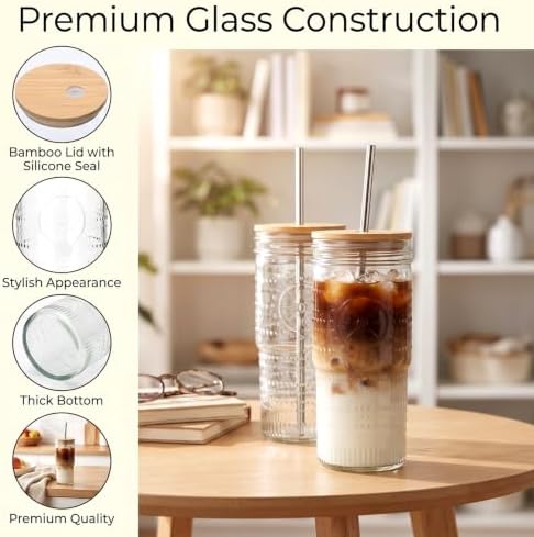 24 oz Glass Cups with Bamboo Lids and Straws,Glass Iced Coffee Tumbler