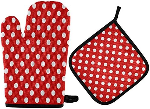 QMXO Geometric Texture Red Polka Dot Oven Mitts Quilted Cotton Lining
