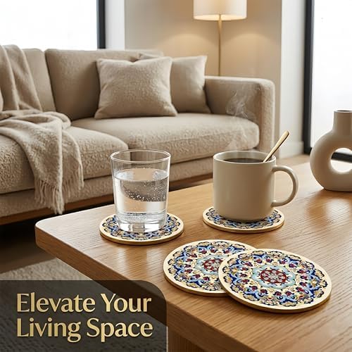 Mandala 4 Inches Round Absorbent Ceramic Coasters Set of 4, Boho