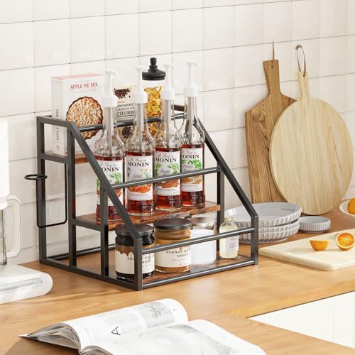 Coffee Syrup Rack Organizer, 3-Tier, 12-Bottle Stand, Rustic Brown