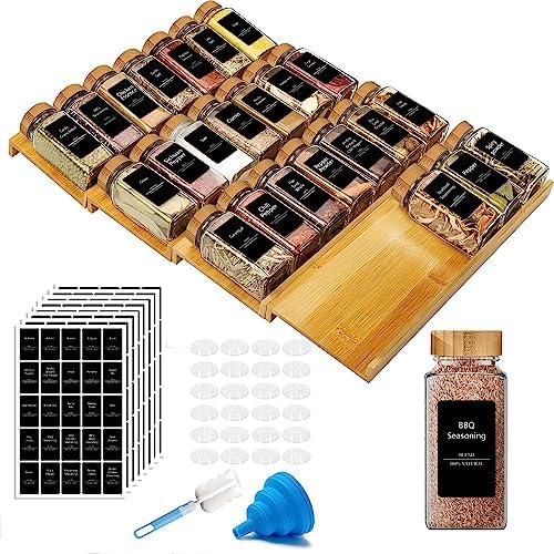 Spice Drawer Organizer Set, Bamboo Spice Rack Tray Kit with 24 Spice