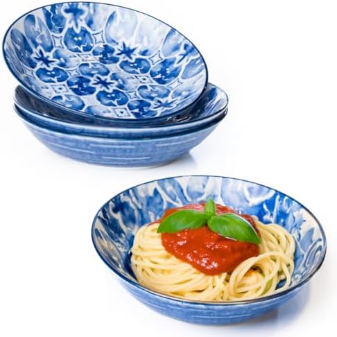 Pasta Bowls Set of 4 – Wide Ceramic Bowls for Pasta, Salads & Noodles