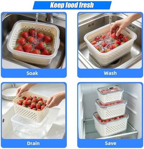 3 Pack Fruit Storage Containers for Fridge with Removable Colander