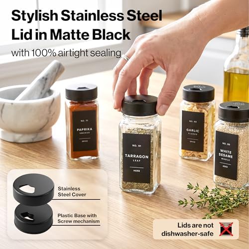EDELHAUS Glass Spice Jars with Label and Black Sprinkle Lids