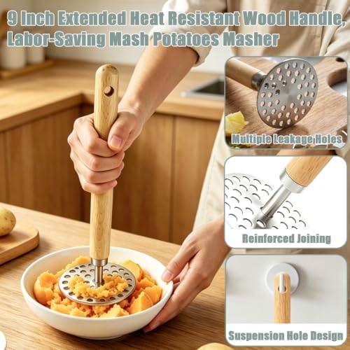 Potato Masher, 9in Wood Handle Stainless Steel Grid Masher Tool