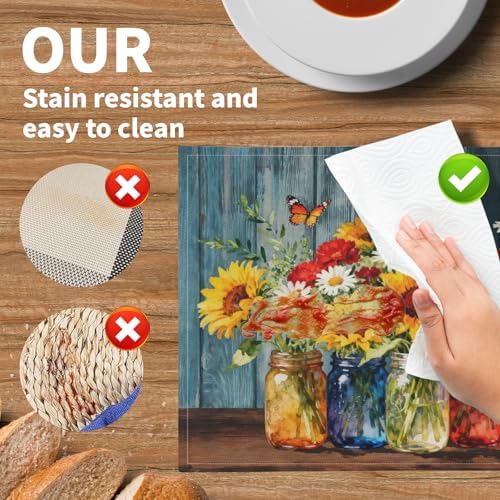 Spring Summer Sunflower Placemats Set of 4, 12x18 Inch Rustic Vintage