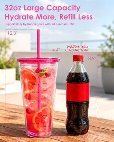 Zukro 32 oz Clear Reusable Plastic Cup with Lid and Straw, Double