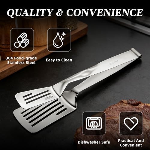 Durable 304 Stainless Steel Spatula Tongs, Rust-Proof 2-in-1 Cooking