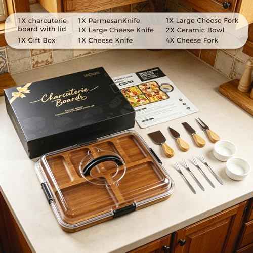 Renmxj Charcuterie Board with Lid, Carbonized Bamboo, Knives Set and Bowls