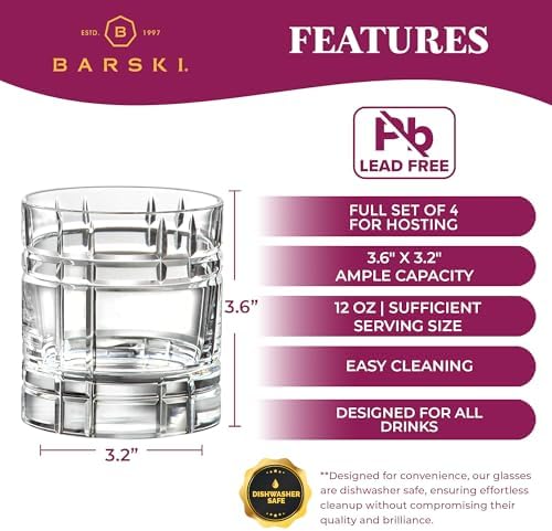 Barski Whiskey Glasses - Double Old Fashioned Rocks Glass - Set of 4