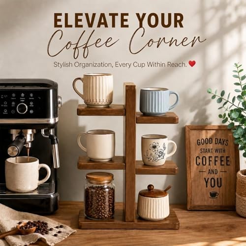 Coffee Mug Holder for Countertop, Wooden Coffee Mug Display Shelf