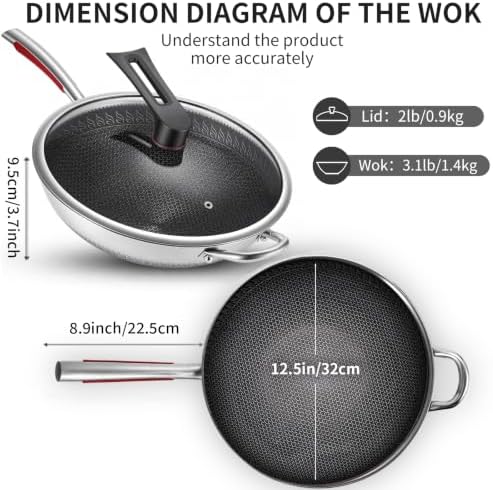 14-Inch Stainless Steel Wok Pan with Glass Lid - Tri-Ply Nonstick Wok & Stir-Fry Pan, PFOA Free Uncoated Cookware for All Cooktops, Induction Compatible, Flat Bottom