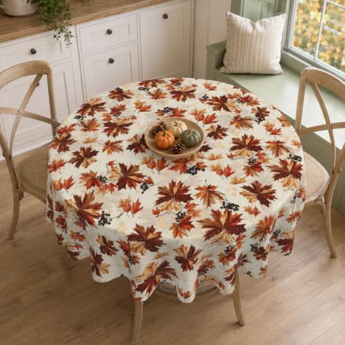 Fall Round Tablecloth 60 Inch Maple Leaves Waterproof Heat Resistant