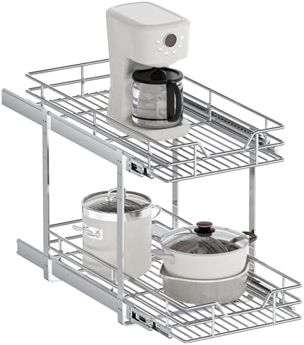 2-Tier Pull Out Cabinet Organizer, 13.5" W x 21.5" D, Heavy Duty Dual Slide Out Shelves for Base Cabinets, Chrome Wire Basket Drawer for Pantry, Kitchen & Bathroom Storage